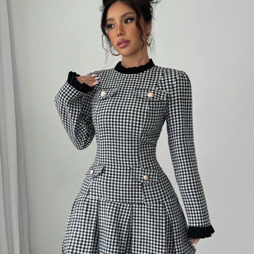Elegant Black and White Houndstooth Dress
